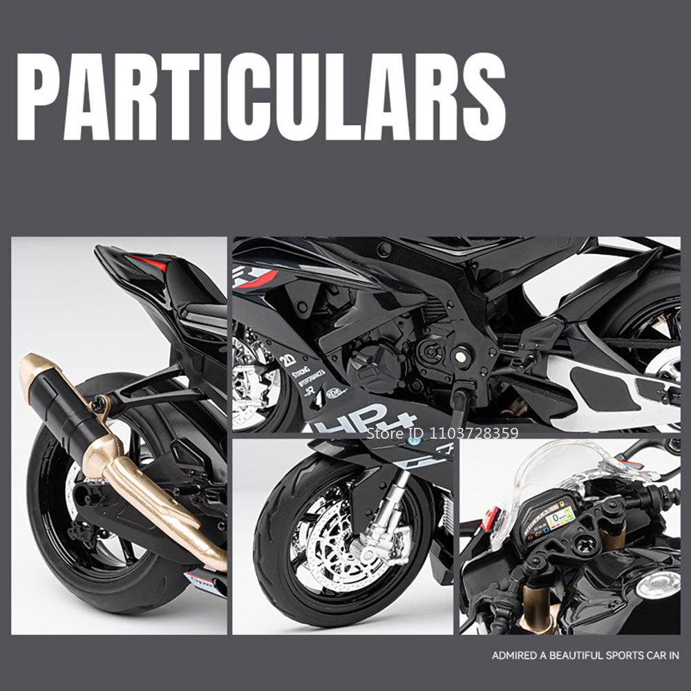 Miniaturas de Motocicletas de Brinquedo Modelo HP4 1:12 Liga Fundida com Som, Luz, Amortecimento, Pneus de Borracha, Enfeite, Presentes para Meninos