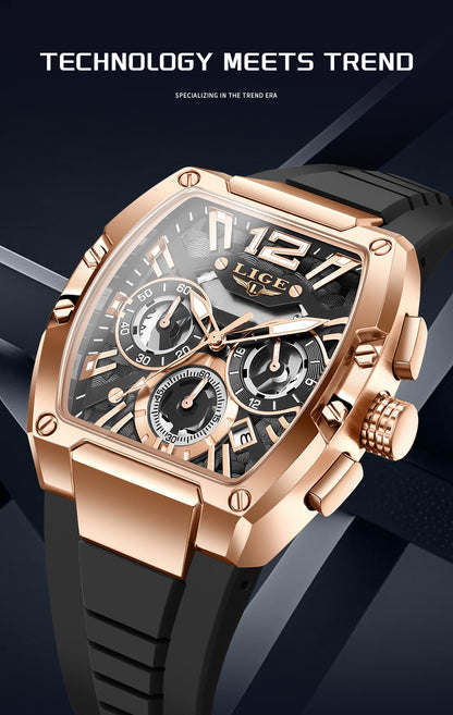 LIGE Sports Man Watch Tonnea Hollow Design Quartz Men Wristwatches Chronograph Waterproof Luminous Silicone Strap Watches Male