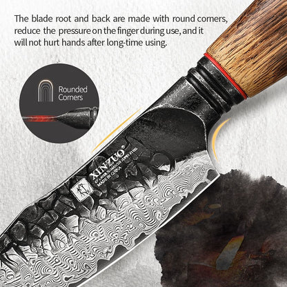 XINZUO 5.5" utility knife, 67 - Layer Damascus Masterpiece, forged with super steel, offers unrivaled sharpness and durability.