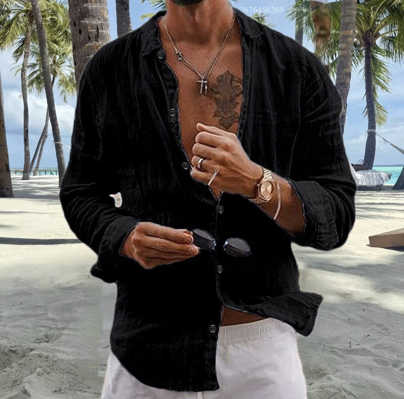 Men's cotton and linen shirt tops simple lapel solid color shirt tops comfortable loose casual vacation shirt express delivery