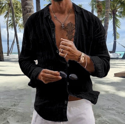 Men's cotton and linen shirt tops simple lapel solid color shirt tops comfortable loose casual vacation shirt express delivery