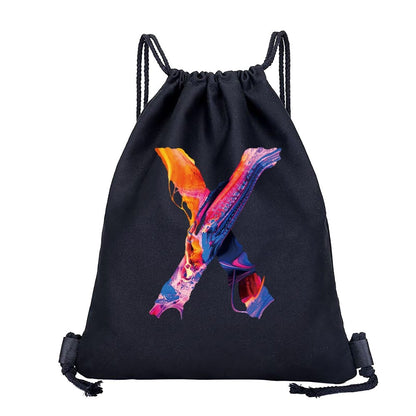 26 Initials Print Drawstring Bag Backpack Men and Women Beach Sports Travel Backpack Kid Gift Supplies Bag Portable Sundries Bag