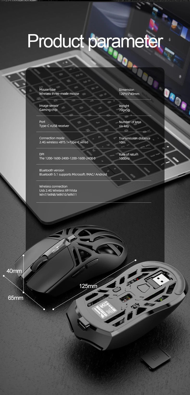 Mouse Gamer Sem Fio Ergonômico SmailWolf RS8, Tri-Modo com Design Oco Ultraleve, 1000Hz e Bateria de Longa Duração