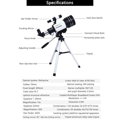 F30070 Telescópio Astronômico Profissional de Alta Definição de Alta Potência HD para Observação da Lua e Pássaros Monocular
