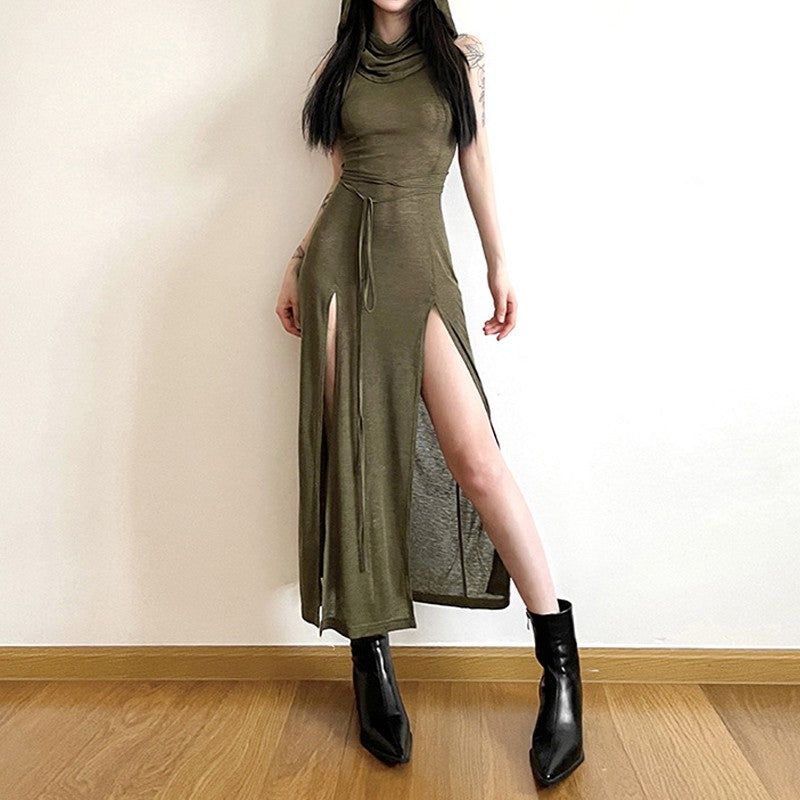 Goth Dark Cyber Gothic Desert Walker Hooded Dresses Y2k Punk Grunge Hollow Out M
