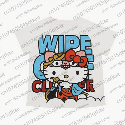 2025 New Hello Kitty T-shirt Anime Sanrio Fashion Short Tops Y2k Summer Cute Tees Cartoon Print High Street Women's Short Sleeve