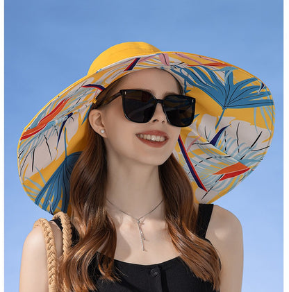 Chapéu Feminino de Verão Dupla Face com Aba Larga Proteção Solar Flor Praia Elegante Ao Ar Livre Protetor Solar Atacado Novo