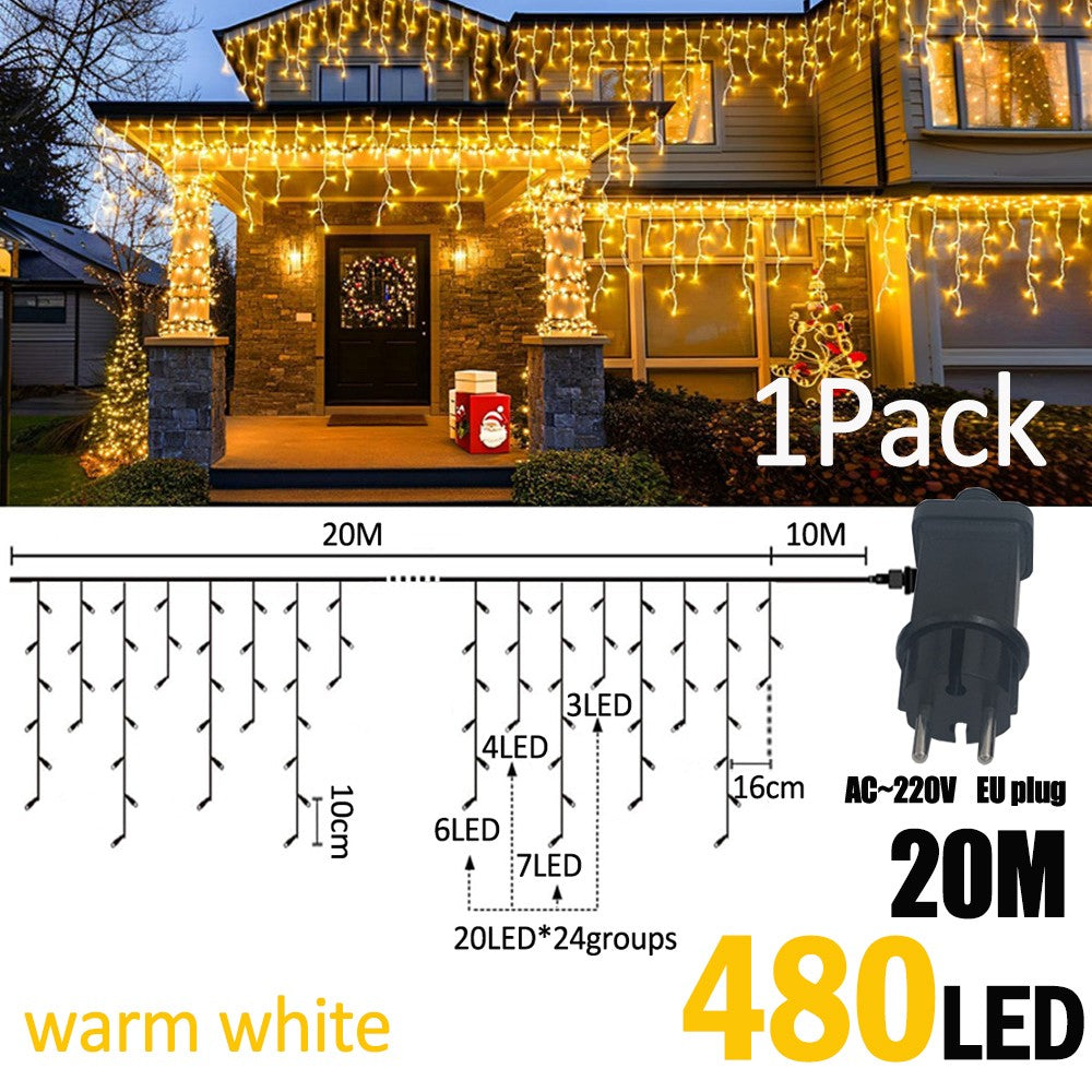 LED Christmas Icicle Curtain String Lights 20M+10M 480LED Extens 8Modes, Plug in Waterproof for Wedding Party Home Garden