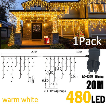 LED Christmas Icicle Curtain String Lights 20M+10M 480LED Extens 8Modes, Plug in Waterproof for Wedding Party Home Garden