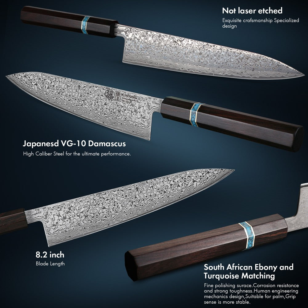 F.YOUNG 8.2-inch Handmade Chef Knife Damascus Steel Sharp Meat Vegetable Cleaver Gyuto Knife Japanese Hand Forged Kitchen Knives