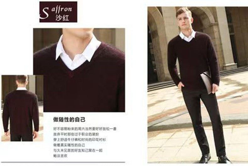 Autumn And Winter New Warm Pure Mink Cashmere Sweater Men's V-neck Pullover Thickened Plus Size Knitted Bottoming Shirt