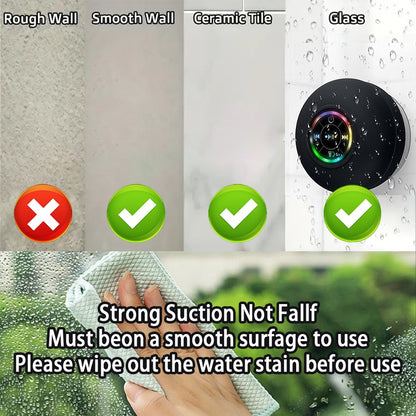 Alto-falante Bluetooth Sem Fio Impermeável para Banheiro com LED Colorido, Grande Ventosa, Mini Alto-falante Portátil para Exterior