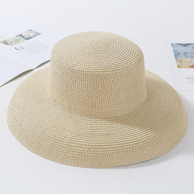 2023 New Summer Sun Hats Ladies Solid Plain Elegant Wide Brim Hat Female Round Top Panama Floppy Straw Beach Hat Women ????
