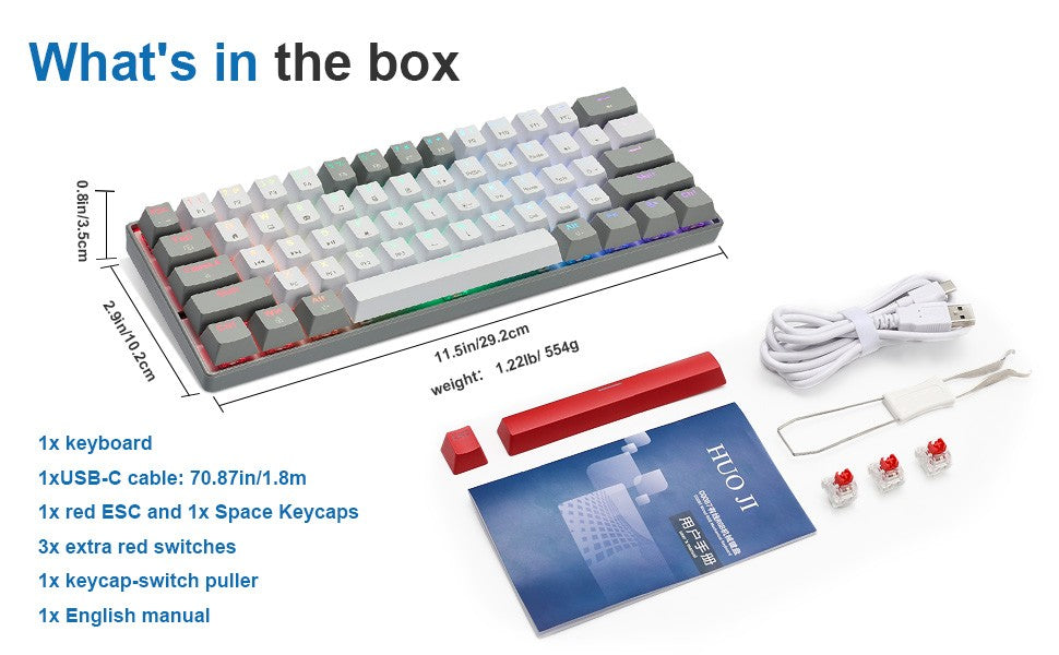 HUO JI Portable 60% Mechanical Gaming Keyboard,RGB LED Backlit Compact 61 Keys Mini Wired Office Red Switch Windows Laptop PC -