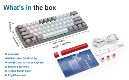 HUO JI Portable 60% Mechanical Gaming Keyboard,RGB LED Backlit Compact 61 Keys Mini Wired Office Red Switch Windows Laptop PC -