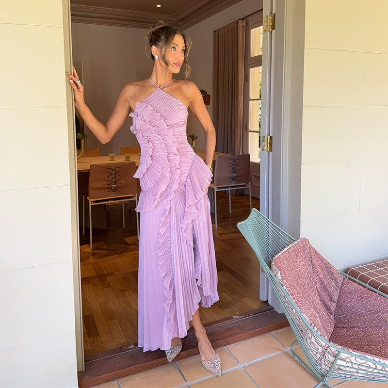 Chic pleated halter neck long vacation dress high quality purple strapless Lotus Edge Maxi Dress 2025 New Lady Vacation Gowns