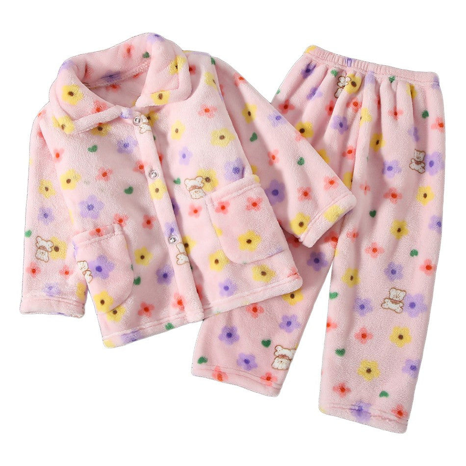 High Quality Coral Fleece Flannel Cute Cartoon Pattern Pajama Sets Boys and Girls Long Sleeve Warm Comfortable Winter Sleepwear