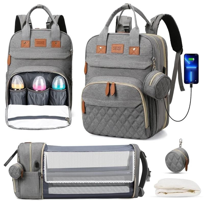 Mochila-berço 3 em 1 dobrável à prova d'água com USB para viagem e para troca de fraldas 3 tipos