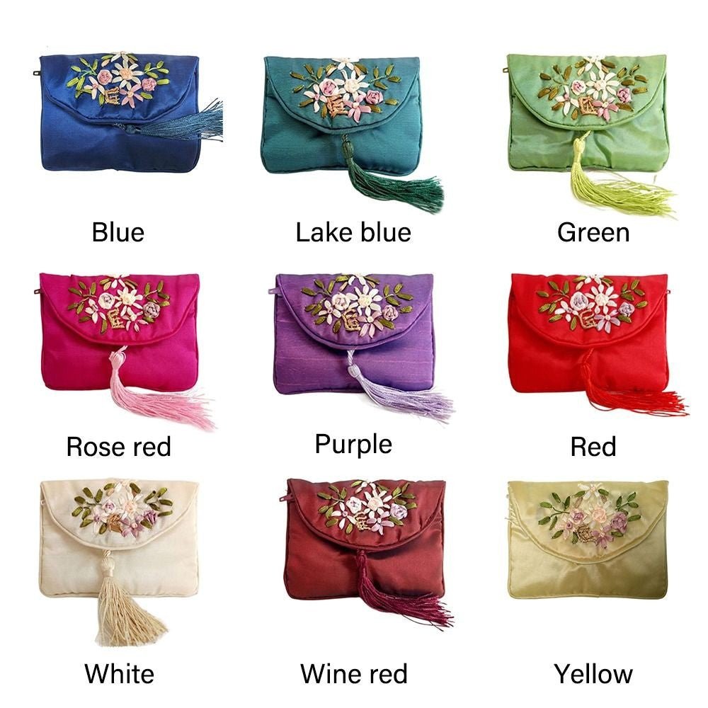 Retro Embroidered Flower Women Tassels Handbags Elegant Handmade Ethnic Style National Small Bag Card Storage Zipper Coin Purse