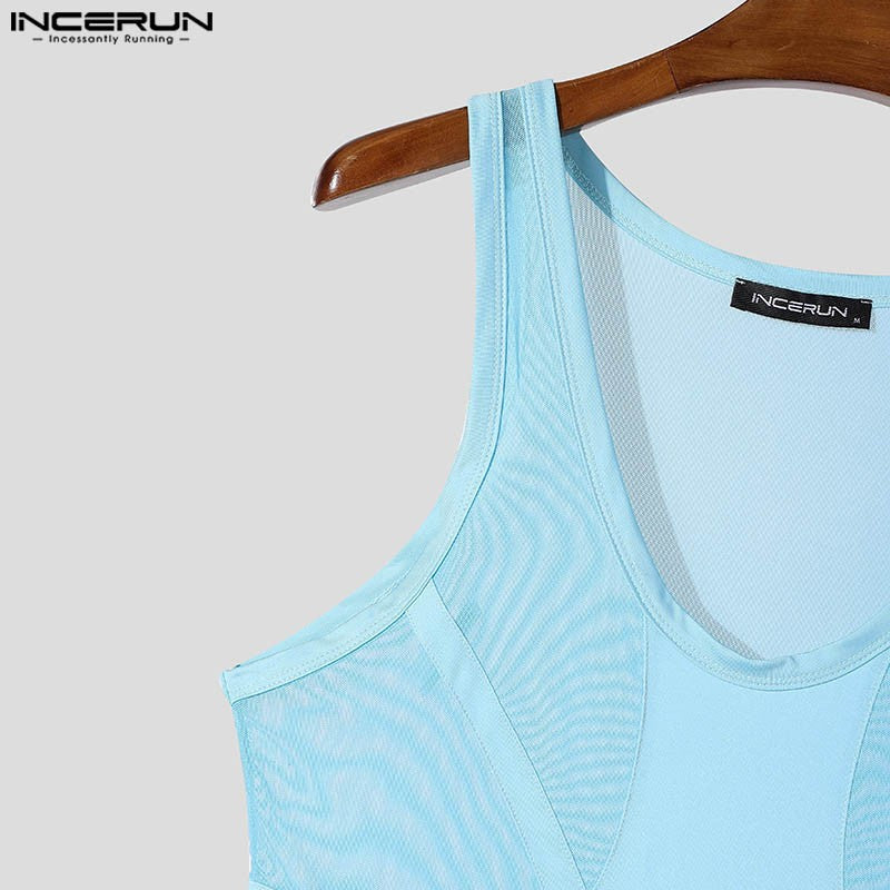 INCERUN American Style Bodysuits Fashion Mens Mesh Splicing Side High Slit Triangle Jumpsuits Sexy Homewear Sleeveless Jumpsuits