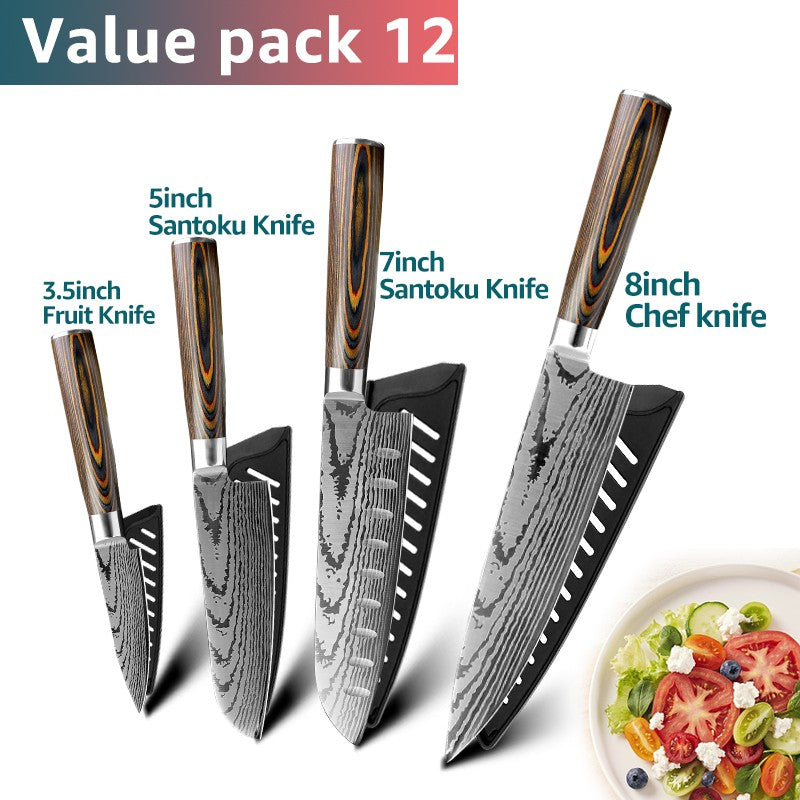 Conjunto de Facas de Cozinha 1-7PÇS Faca de Chef Japonesa Santoku 7CR17 Aço Inoxidável 440C Faca de Imitação de Damasco Cutelo de Carne Fatiador