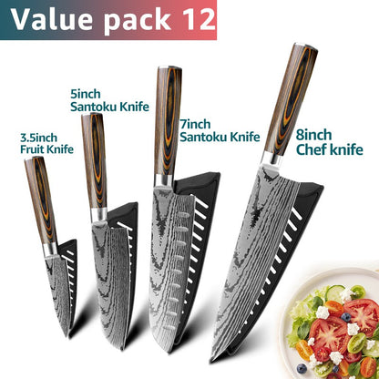 Conjunto de Facas de Cozinha 1-7PÇS Faca de Chef Japonesa Santoku 7CR17 Aço Inoxidável 440C Faca de Imitação de Damasco Cutelo de Carne Fatiador