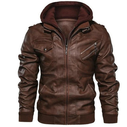 Spring Autumn Motorcycle Leather Jacket For Men Slim Fit Zipper Retro PU Coat Casual Fake Two Piece Hooded Leather Jacket