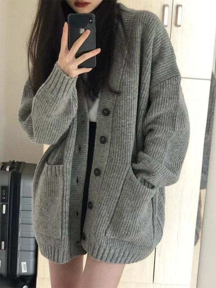 Cardigan for Women Solid Novelties in Chic Office Wear Vintage Korean Streetwear Clothing Sales Y2k Loose Knitted Sweater Woman