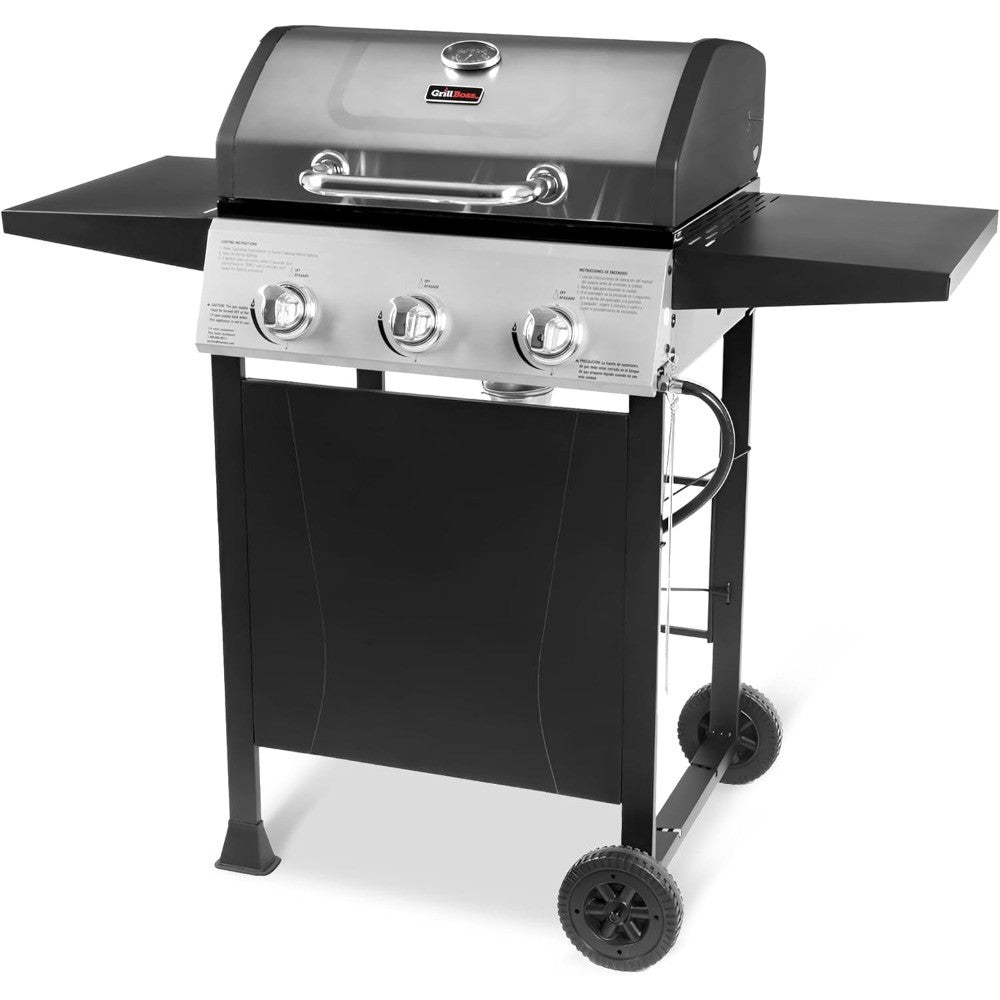 Churrasqueira a Gás Propano Grill Boss com 3 Queimadores, Churrasqueira Portátil com Tampa, Rodas e Prateleiras Laterais, Preto - Acessórios e Equipamentos para