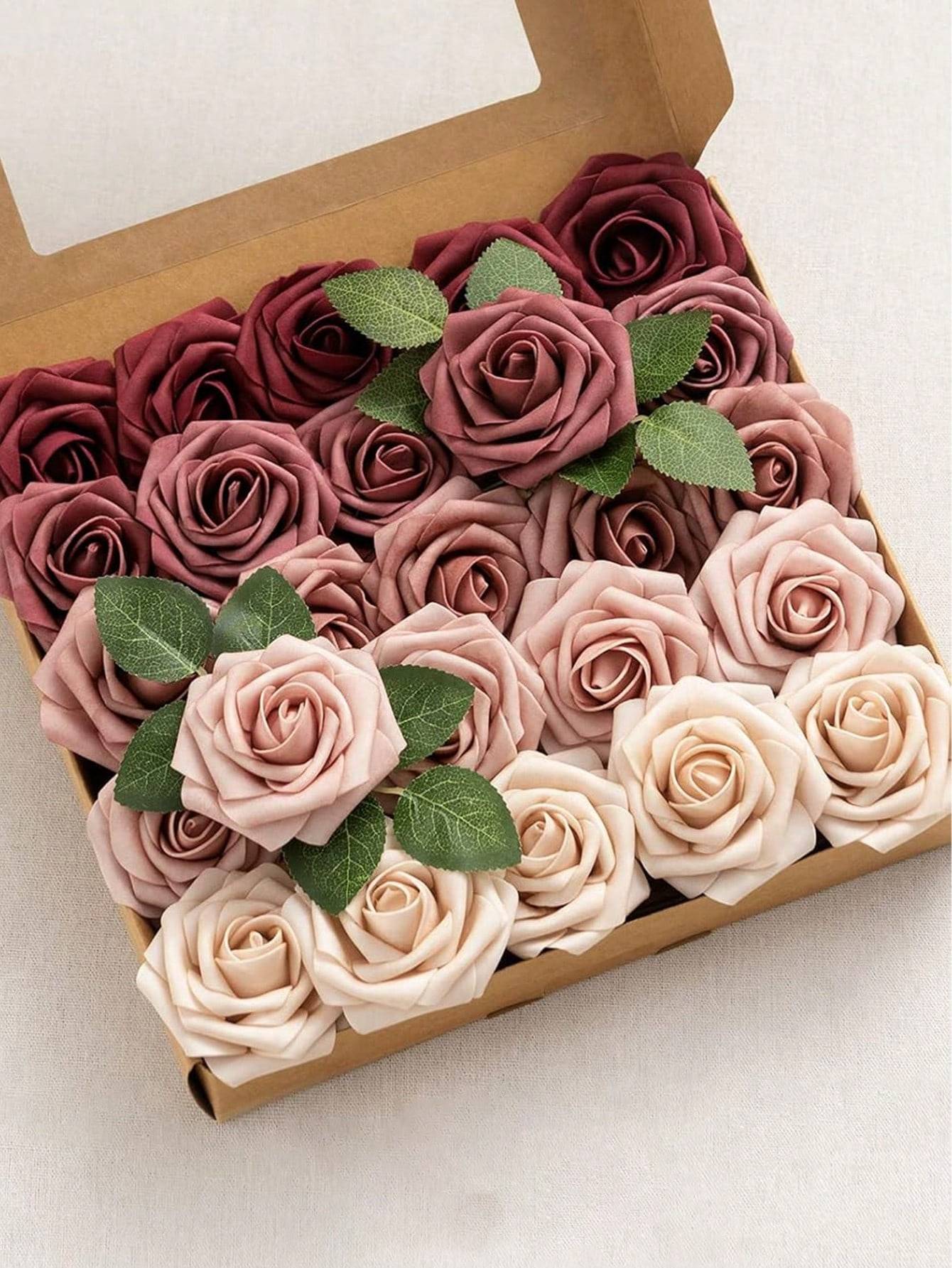 25pcs Artificial Roses, Green Gradient Artificial Rose Set - DIY Wedding Bouquet, Suitable For Wedding, Cake, Party Decoration