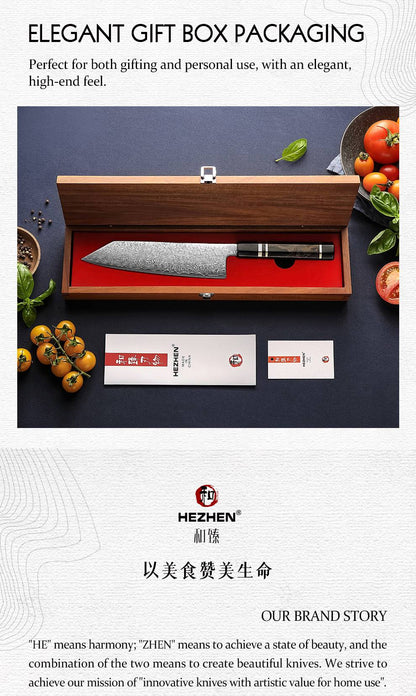HEZHEN 8.3 Inch Bunka Knife 49 Layers ZDP-189 Damascus steel Powder Core Steel Kitchen Cook Wooden Gift Box kiritsuke Knife