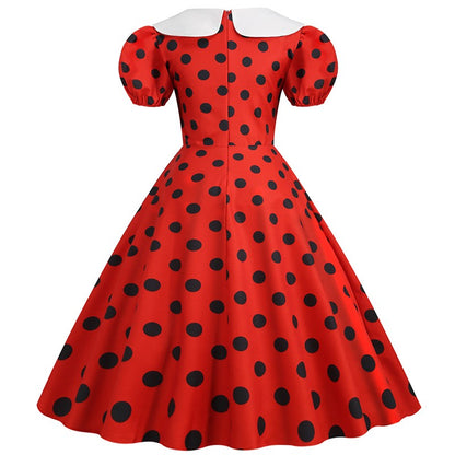 Elegant Women Summer Dress Puff Short Sleeve Polka Dot Peter pan Collar Vintage A-line Midi Long Party Sundress