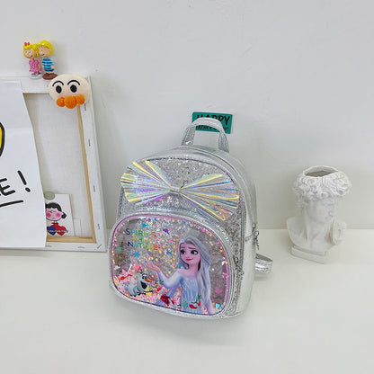 Mochila Mini de Glitter Princesa Elsa de Frozen da Disney, Linda com Laço de Lantejoulas, Bolsa Escolar de Jardim de Infância para Meninas, Desenho Animado Infantil, Mochila de Ombro Duplo