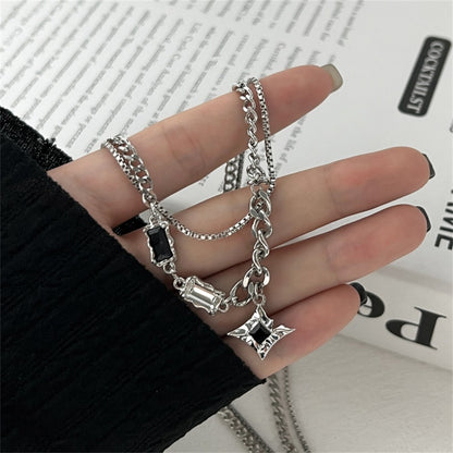 Colar de Hip Hop Zircon Star Camada Dupla Masculino Feminino Tendência Charme Aço Titânio Pingente Corrente Unissex Joias Atacado