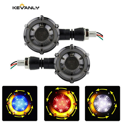 1 Par de Luzes LED de Seta Redondas Halo para Motocicleta, Duas Cores, DRL, Luz de Condução, Luz de Pisca Sequencial, Mini Indicador