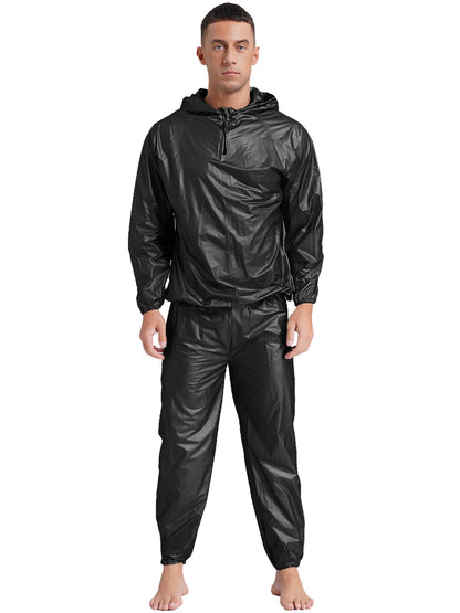 Mens Pullover Style PVC Sweating Suit for Boxing Gym Workout Fitness Sauna Sweat Outfit Hooded Jacket Outerwear And Long Pants