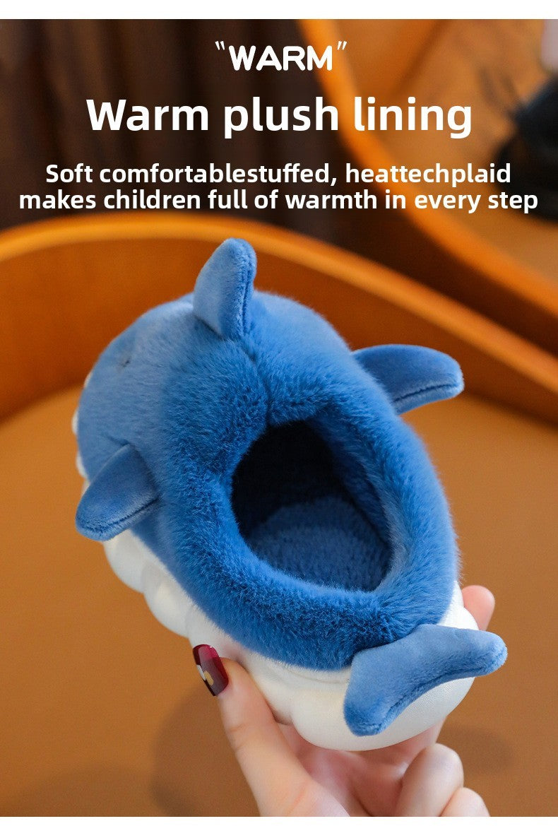Winter Heel Wrap Cotton Children's Slippers Cute Cartoon Shark Non-slip Soft Sole Kids Boys Girls Junior Warm Plush Home Shoes