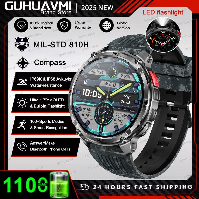 Smartwatch Masculino 2026 Novo Militar 1100mAh Bateria Tela AMOLED 1.7" Bússola GPS Lanterna Chamada Bluetooth 5ATM Natação