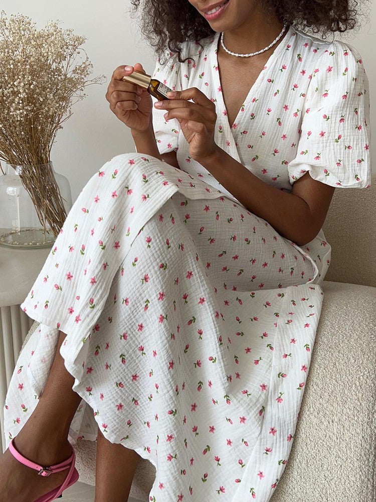Casual Women's Summer Dresses 100% Cotton Floral Print A-line Midi Dress with Si