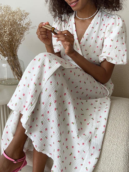 Casual Women's Summer Dresses 100% Cotton Floral Print A-line Midi Dress with Si