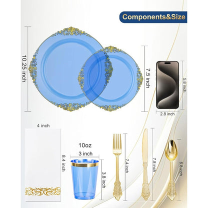 350 PEÇAS Pratos de Plástico Azul Kits de Louça de Plástico Azul para 50 Convidados 100 Pratos Descartáveis 150 Talheres Dourados 50 Copos 50 Guardanapos