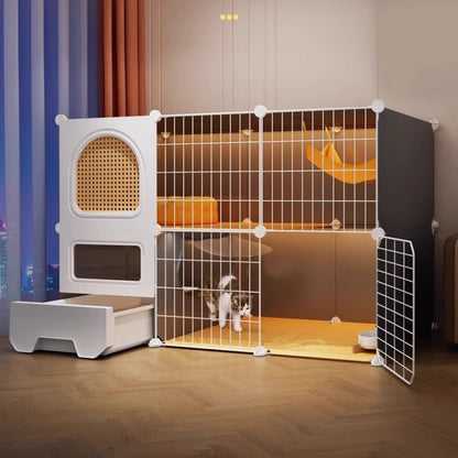 Gaiolas Grandes para Gatos com Cama e Caixa de Areia Casa de Gatos Interna de Vários Níveis Espaçosa Vila para Animais de Estimação 3 em 1 Cercadinho Espaçoso com Área de Descanso