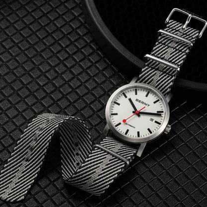 BERNY Automatic Watch Men 40mm Luminous Railway Time Dial MIYOTA 8215 Nylon Strap Sapphire 50M Waterproof Men's Mechanical Watch