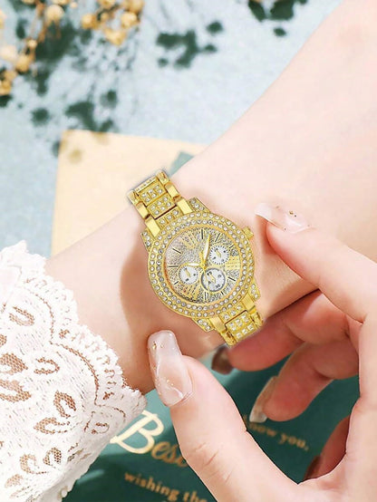 Luxurious ladies' quartz watch and jewelry set with intricate engravings, a birthday gift, and an elegant outfit for a party.