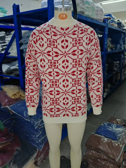 New Style Simple Retro Fresh Jacquard Sweater Loose Street Pullover Contrast Color Long Sleeve Knitted