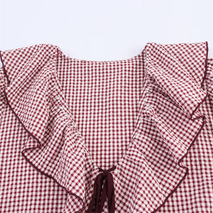 Women's Shirt Fall 2025 New Red Check Long Sleeve Stacked Decoration Pastoral Collegiate Shirt Casual Fashion Lively Personality