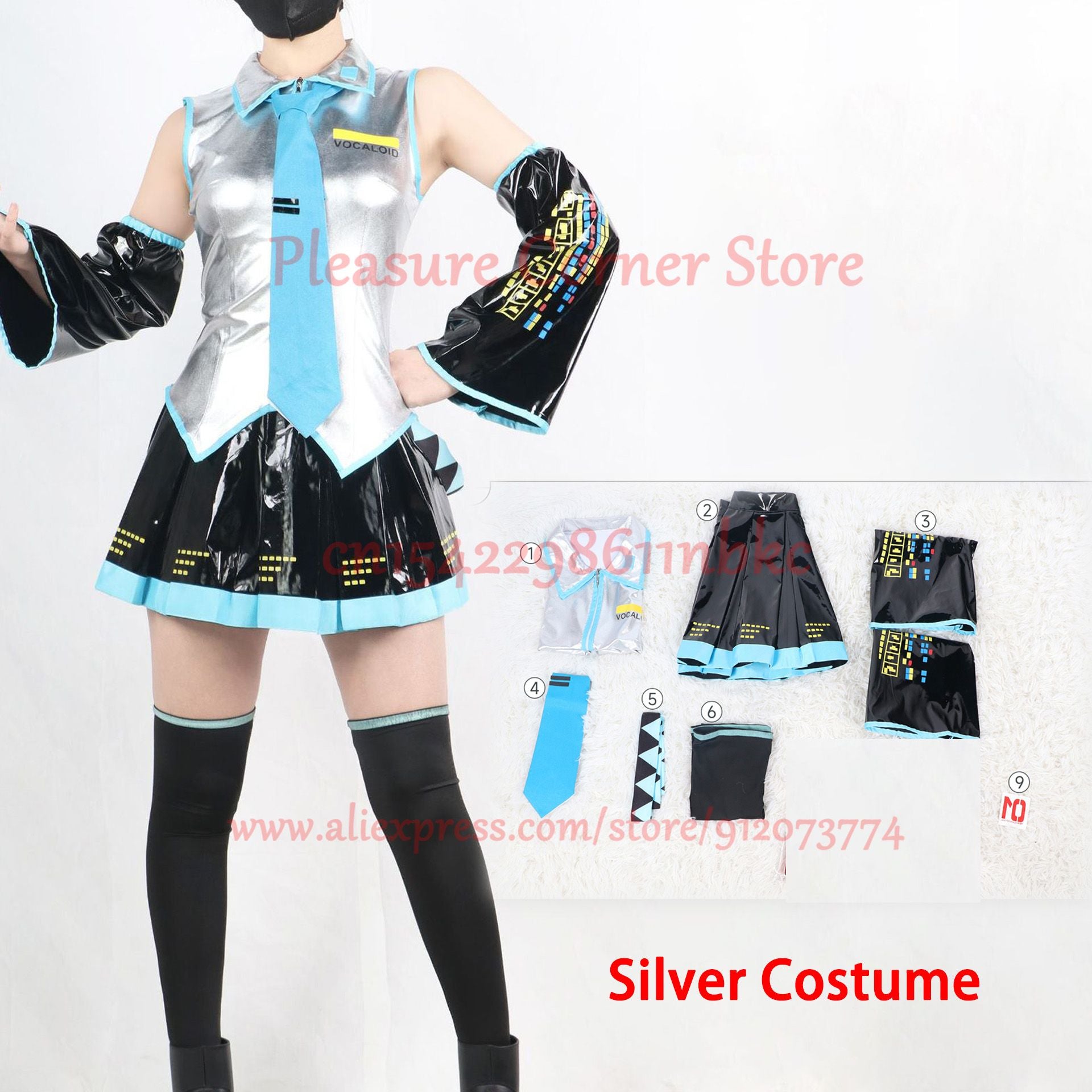 Miku Cosplay Costume Full Set Silver Leather Fabric Suit Miku Cosplay Headwear Costume Outfit JK Sailor Dress School Uniform
