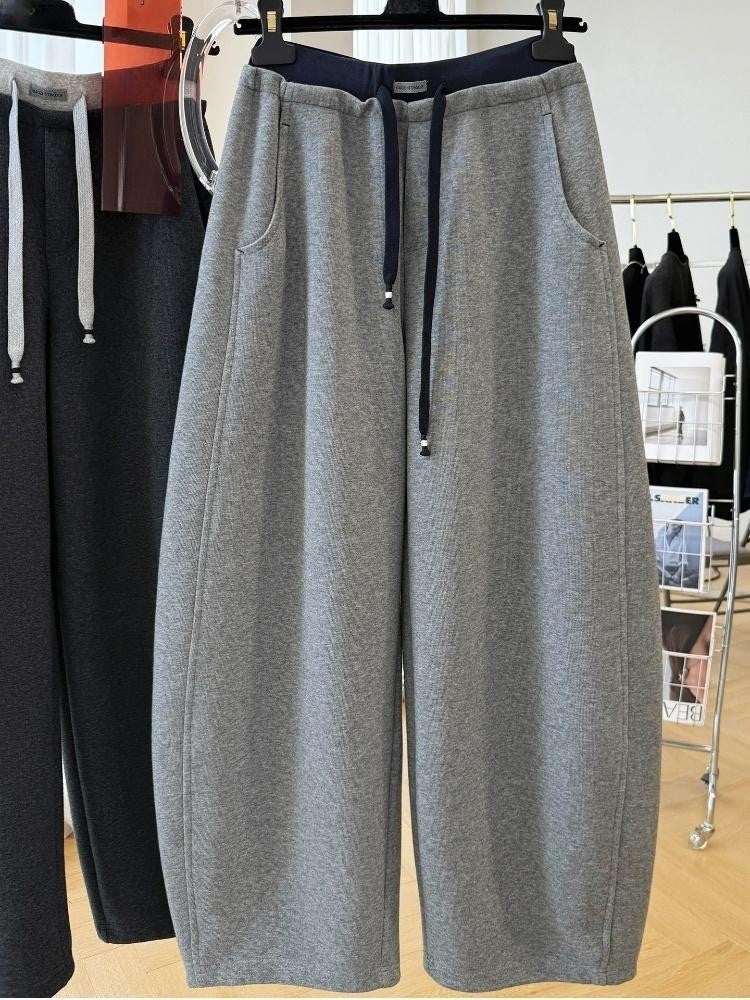 Patchwork Drawstring High Waist Wide Leg Pants for Women Spring and Autumn  Curved Hem Trousers