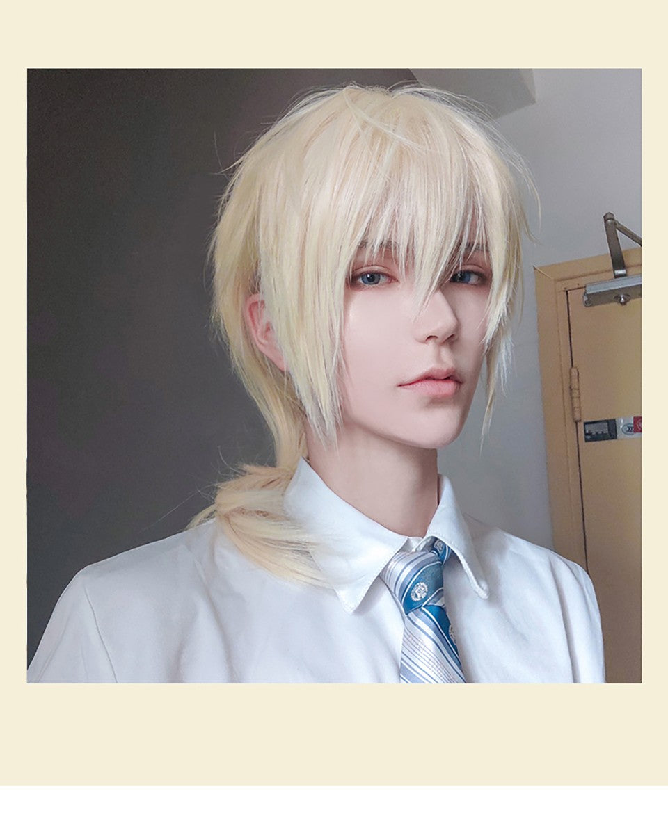 Peruca MEIFAN Sintética Curta para Cosplay Lolita Anime Masculina Cabelo Liso Masculino Fibra de Alta Temperatura Rosa Azul Louro Ombré Preto Peruca