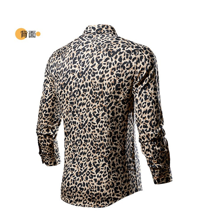 QJ CINGA Brand Men Leopard Print Long-sleeved Shirt, White Single-breasted Button-down Collar Printed Shirts, Asian Size M-6XL